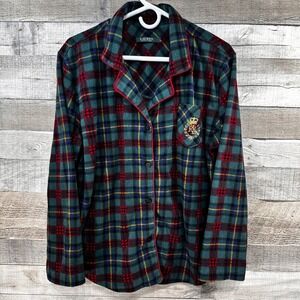 Lauren Ralph Lauren Women's Microfleece Plaid Pajama Top Lounge Shirt Red Trim L